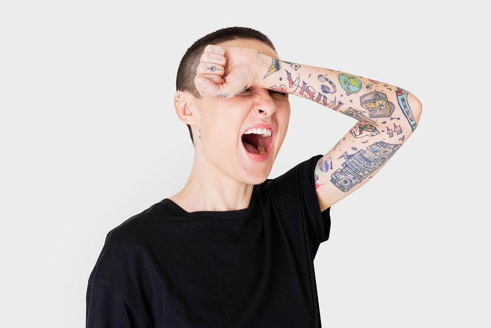 Skinhead woman screaming studio shoot mockup