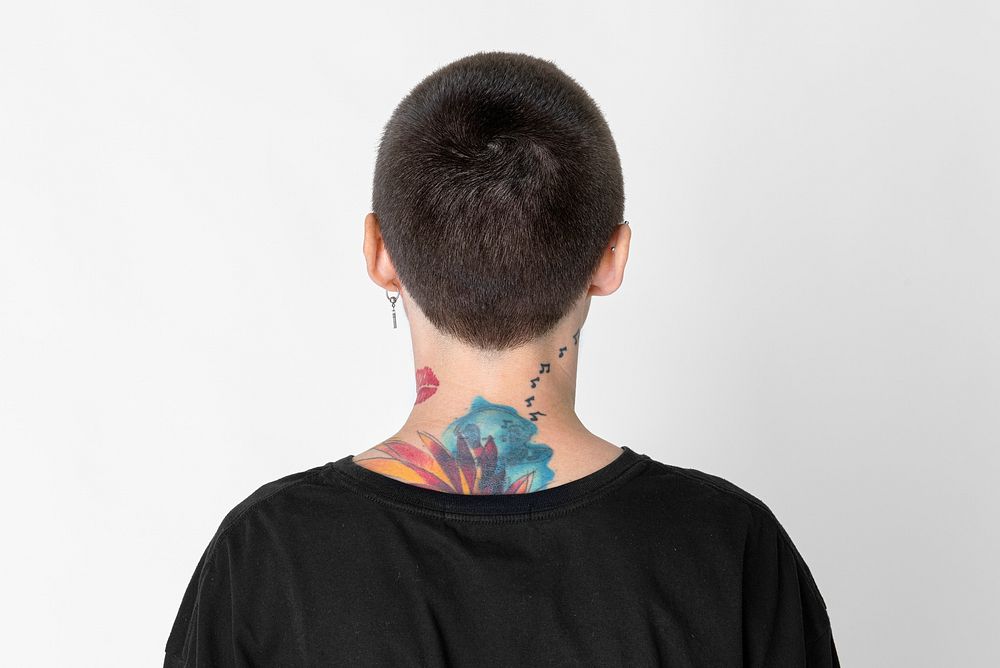 Skinhead tattooed model in black T shirt