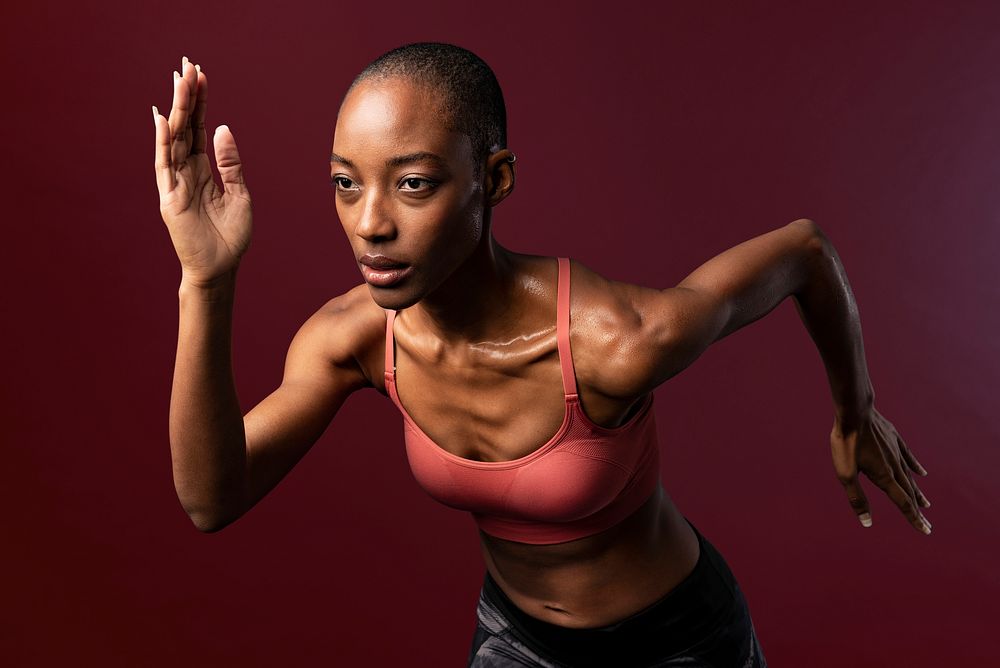 Sporty black women running on brown background mockup