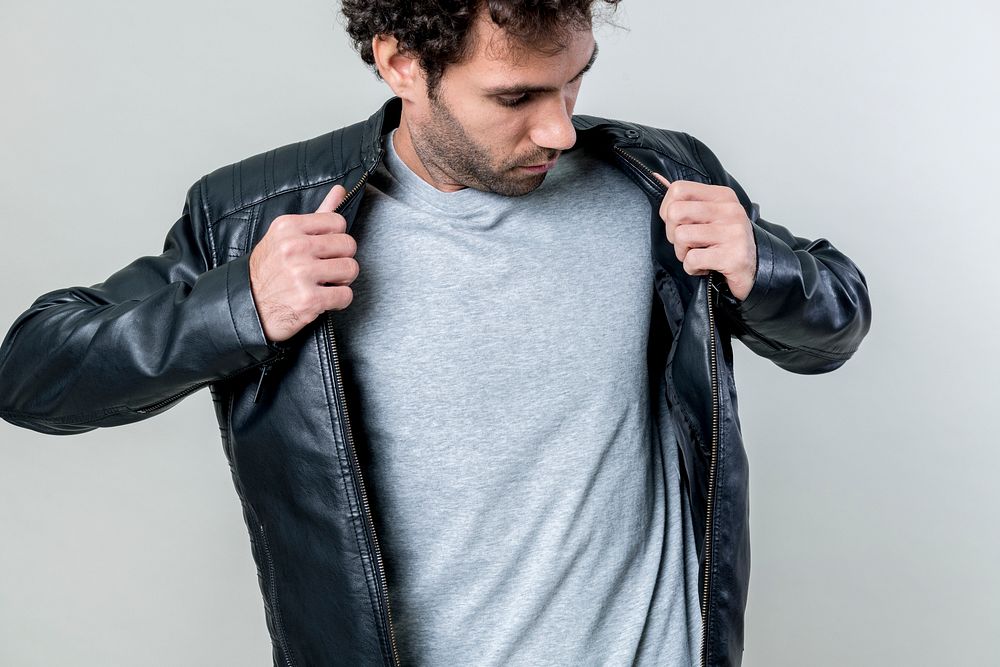 Man wearing black leather jacket