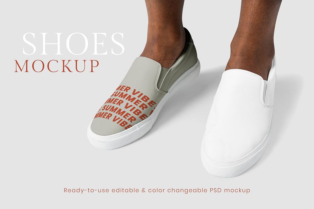 Leather slip-on sneakers psd mockup gray and white summer fashion shoes ad
