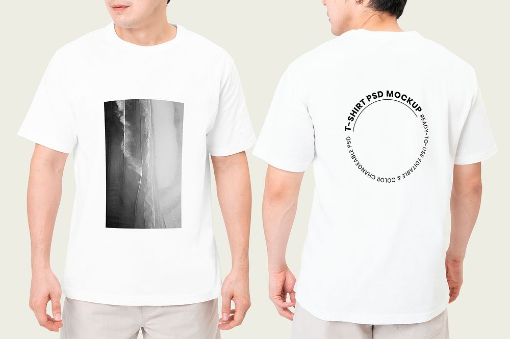 White t-shirt psd mockup front and back for men’s apparel advertisement