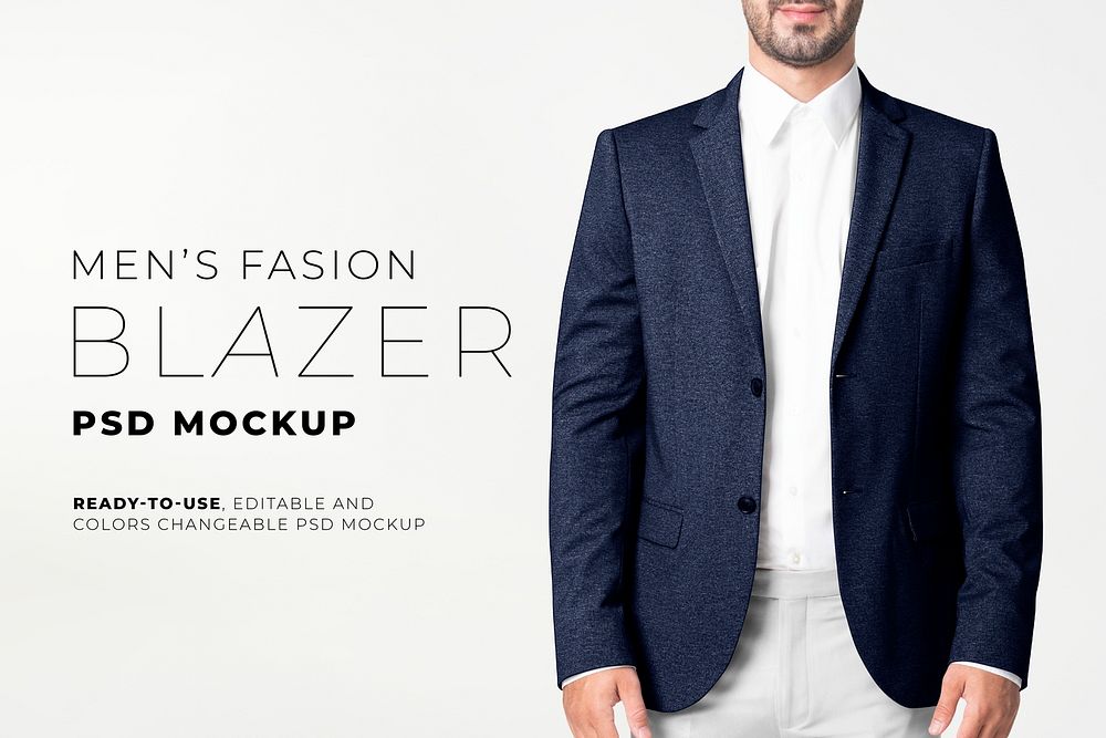 Editable men’s blazer mockup psd in navy business fashion ad