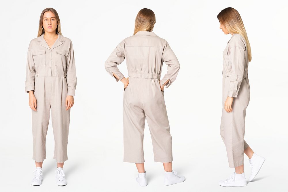Woman mockup psd in jumpsuit street apparel full body and rear view set