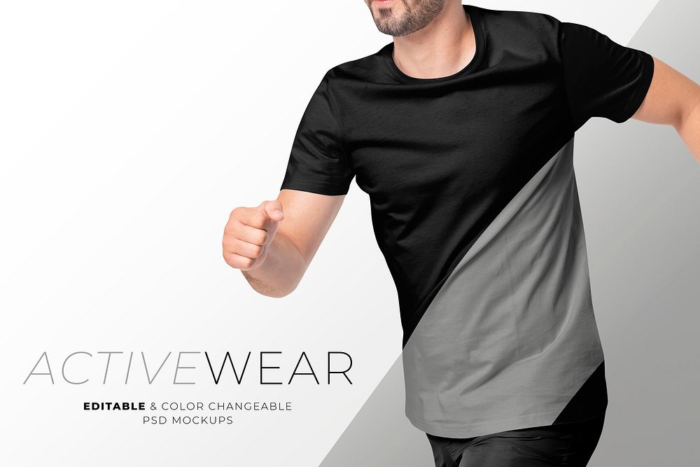 Editable men&rsquo;s t-shirt psd mockup in black and gray activewear ad