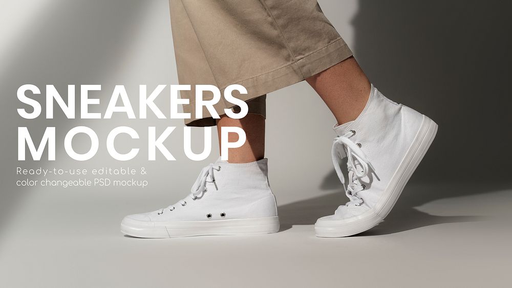 Basic white sneakers psd mockup unisex streetwear fashion shoot shoes ad