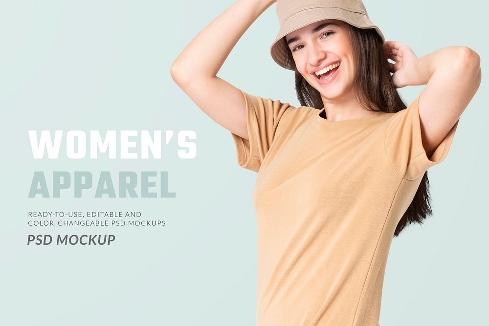 Editable t-shirt dress mockup psd beige with bucket hat women&rsquo;s casual wear apparel ad