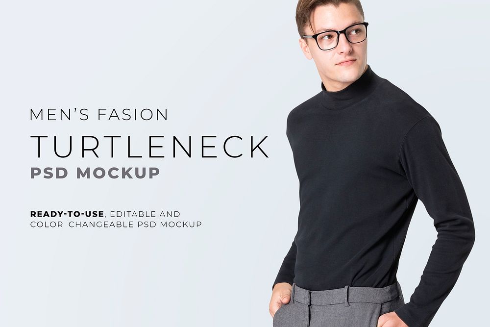 Editable turtleneck t-shirt mockup psd men&rsquo;s casual business fashion ad