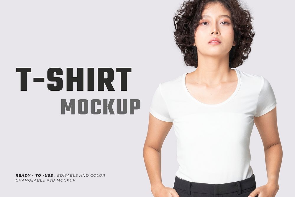 Editable basic tee psd mockup round neck women’s apparel ad