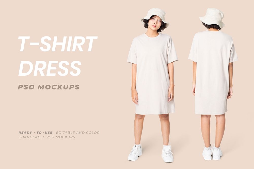 Editable t-shirt dress mockup psd white with bucket hat women&rsquo;s casual wear apparel ad