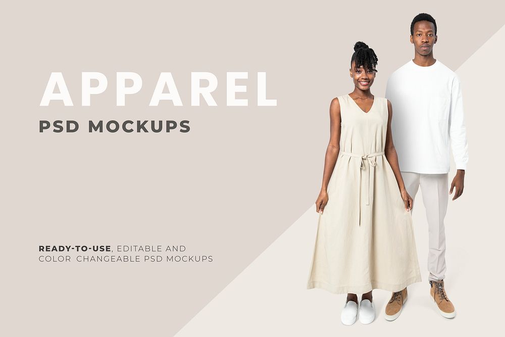Editable minimal clothing mockup psd men and women&rsquo;s fashion ad