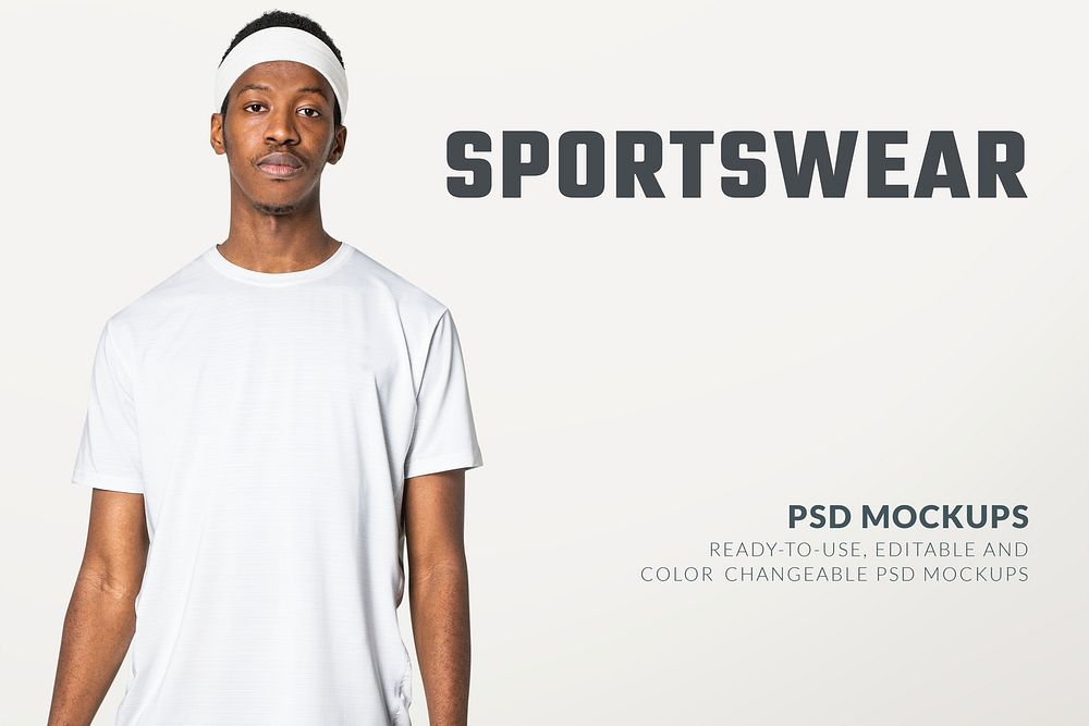 Editable white t-shirt psd mockup men&rsquo;s sportswear fashion ad