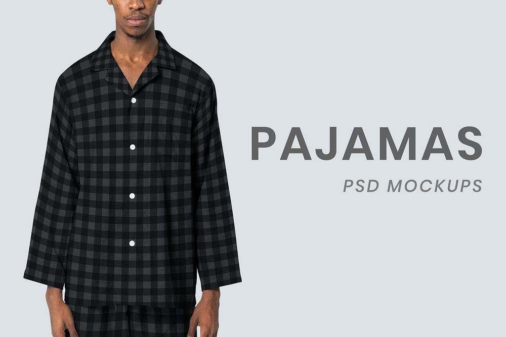 Editable black pajamas psd mockup with plaid sleepwear apparel ad