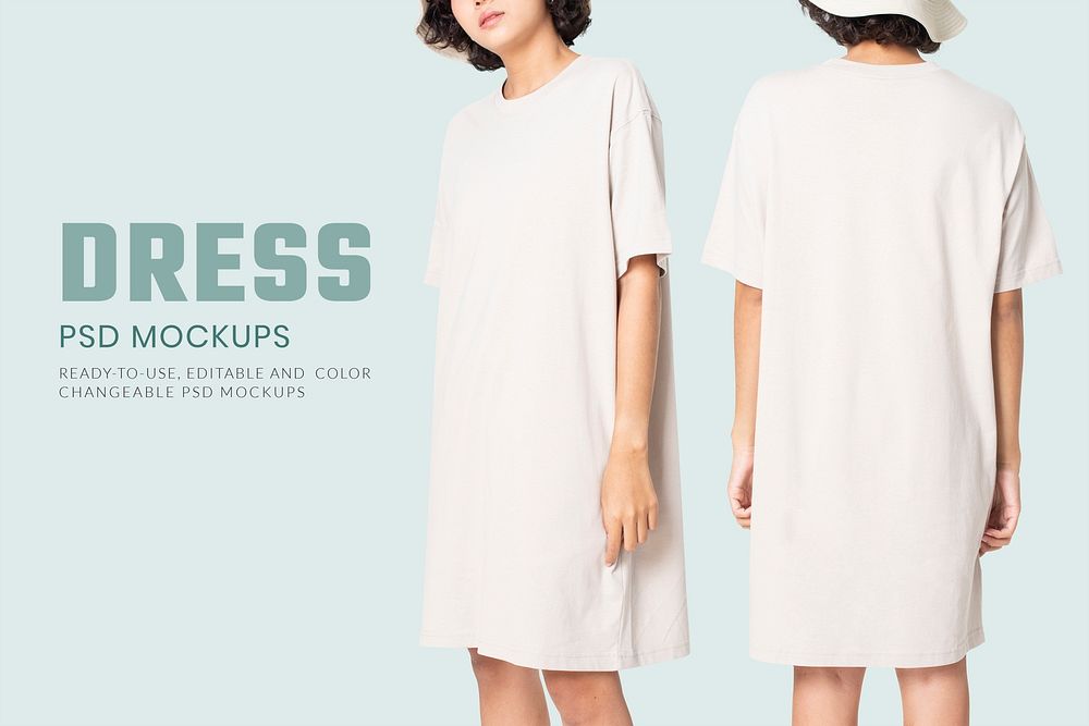 Editable t-shirt dress mockup psd white with bucket hat women&rsquo;s casual wear apparel ad