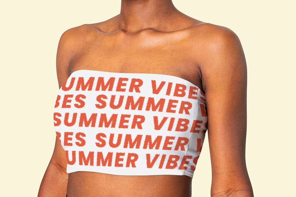 White bandeau top psd mockup with summer vibes typography women’s fashion