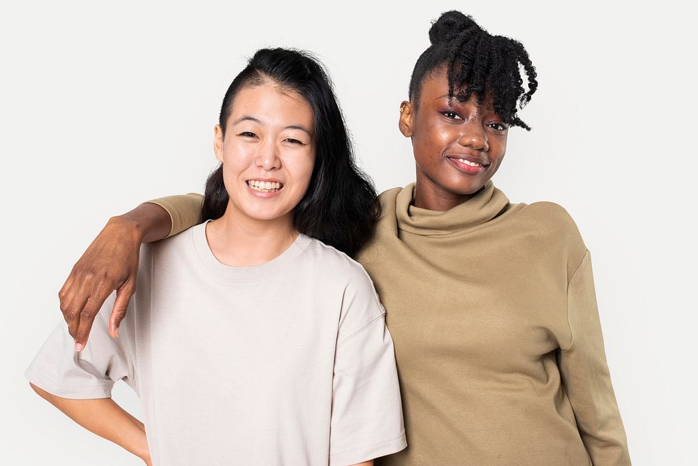 African American and Asian woman in plain t-shirts for apparel shoot