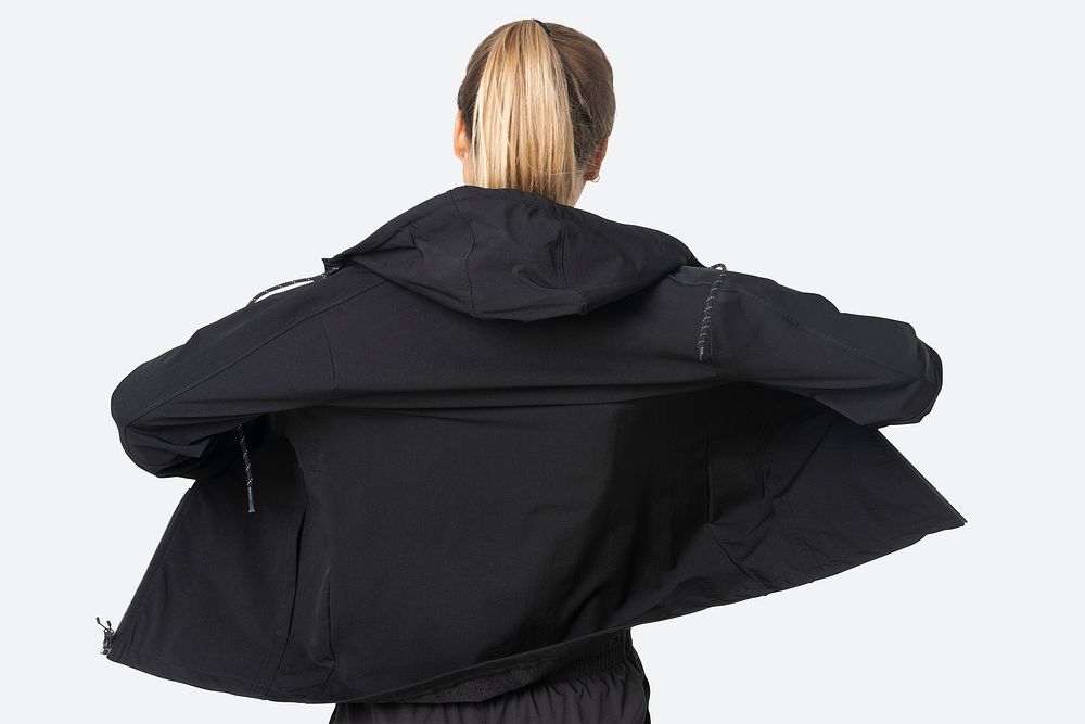 Black windbreaker jacket mockup psd rear view sportswear fashion shoot