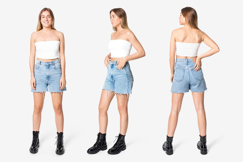 Woman mockup psd in white bandeau top with denim shorts street style fashion full body set