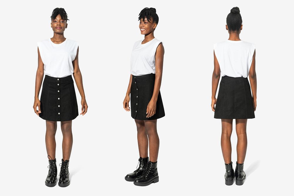 Woman mockup psd in white tee and black a-line skirt street style fashion full body set