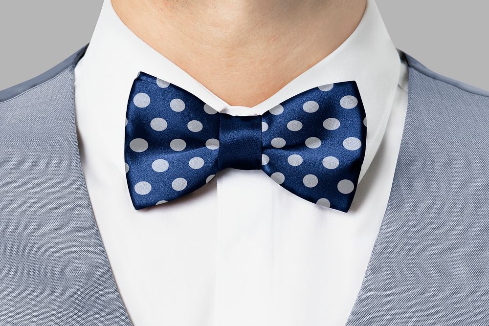 Polka dot bow tie psd mockup blue formal wear close up