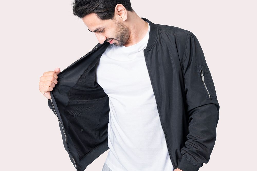 Men's white t-shirt mockup psd with black jacket streetwear shoot