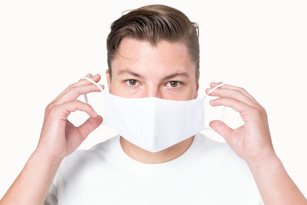 Man in basic white mask  for COVID-19 protection campaign