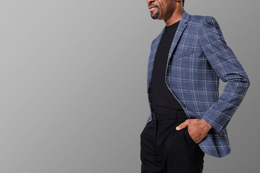 African American man wearing flannel blazer for apparel ad