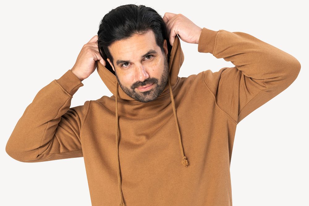 Indian man wearing basic brown hoodie close-up