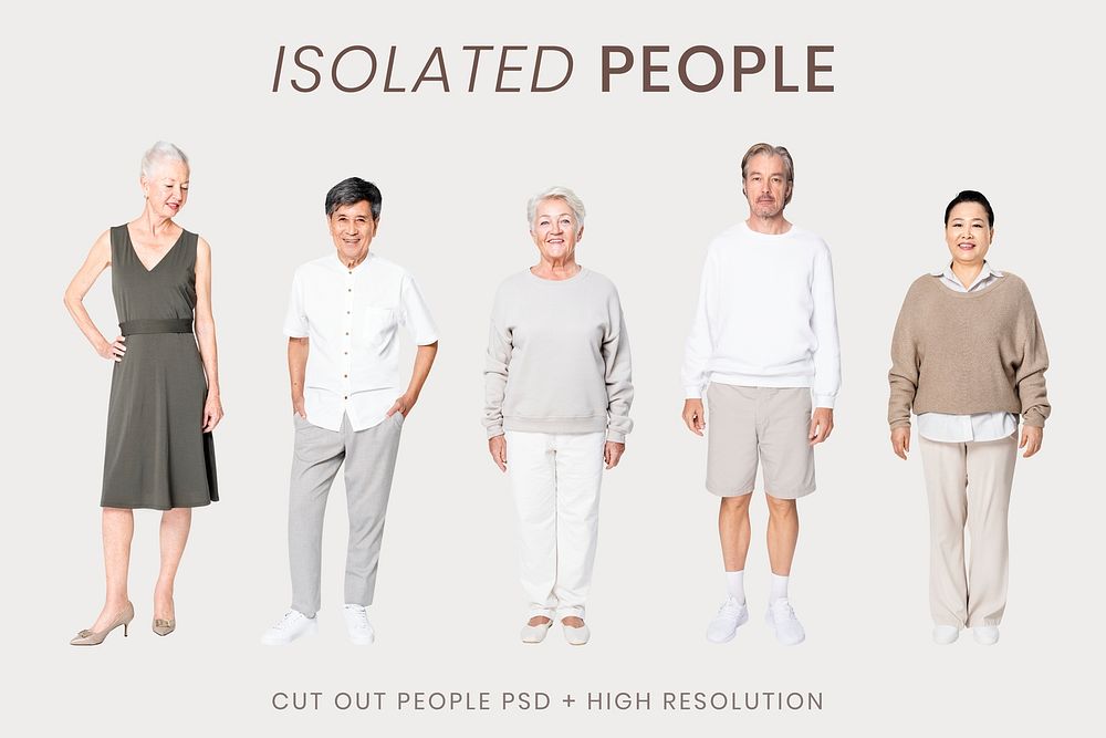 Isolated senior people mockup psd for mature minimal apparel ad