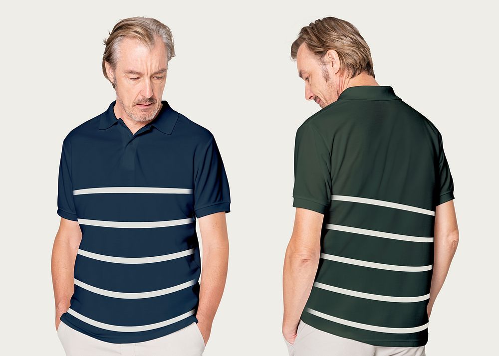Mature man in navy and green polo shirt with stripes studio shoot