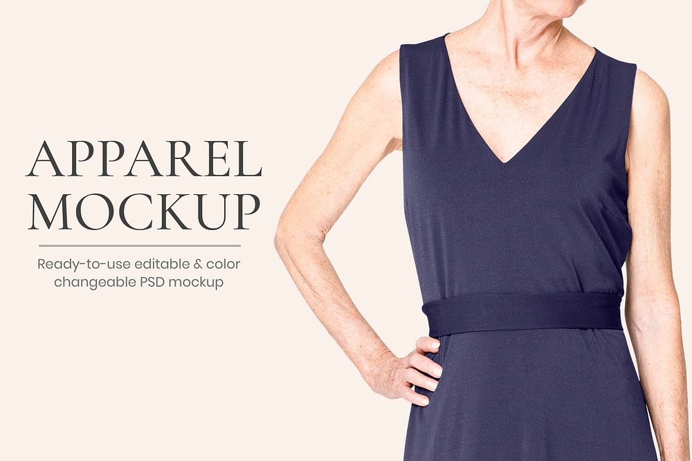 Navy dress mockup psd for senior fashion editable ad