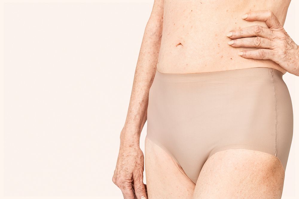 Senior woman in nude brief panty  with design space