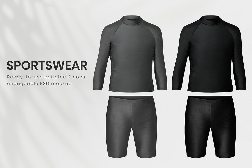 Editable men’s sportswear mockup psd rash guard and swim shorts summer apparel ad