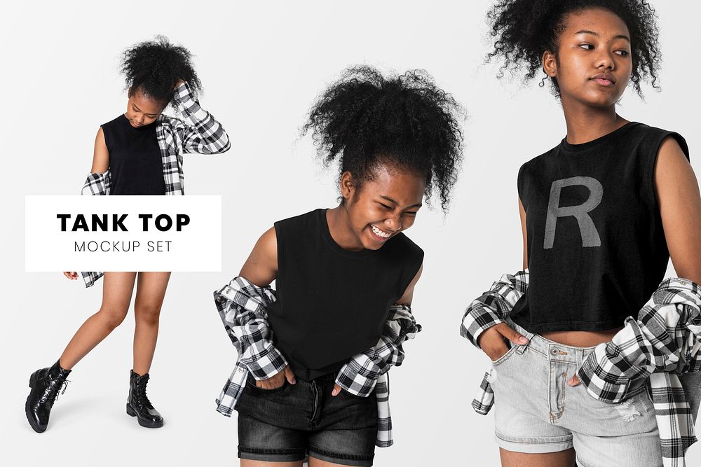 Editable tank top psd mockup template streetwear teen&rsquo;s apparel ad