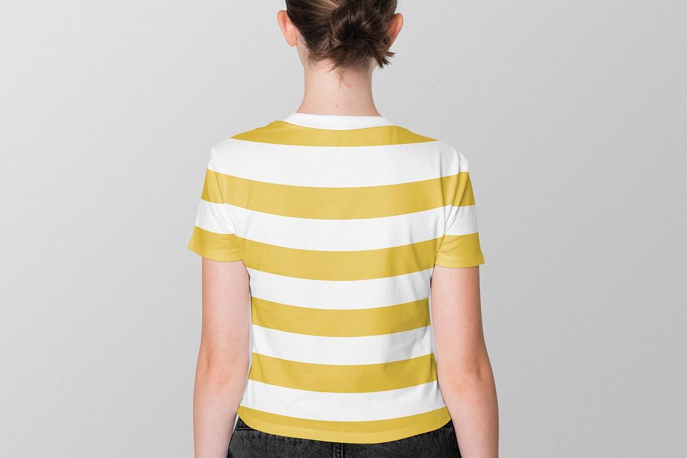 Yellow striped tee psd mockup teenage girls&rsquo; summer apparel shoot