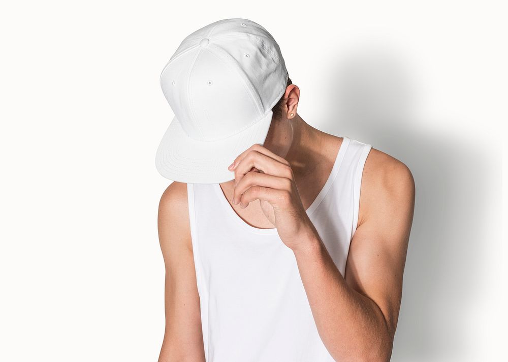 White snapback cap psd mockup street teenage fashion shoot