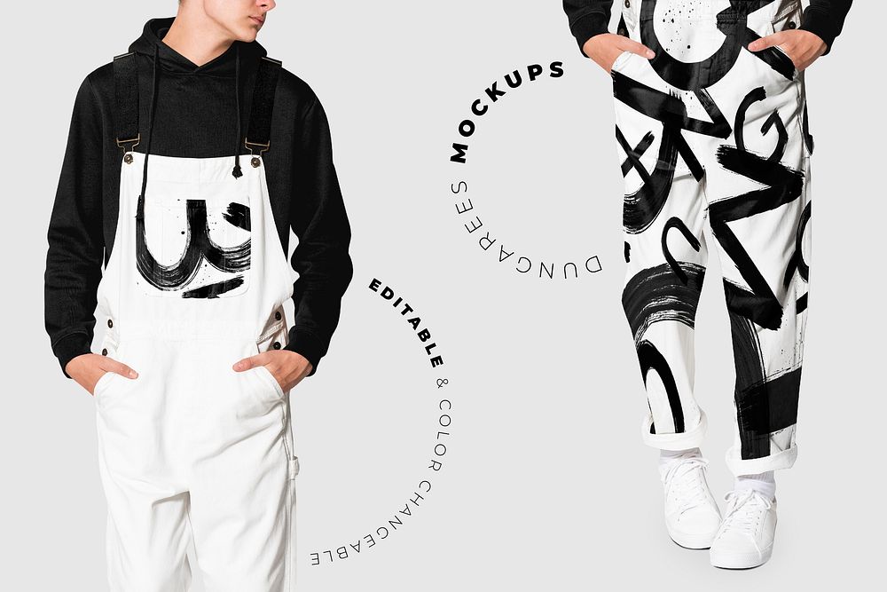 Editable white dungarees mockup psd template for street fashion ad