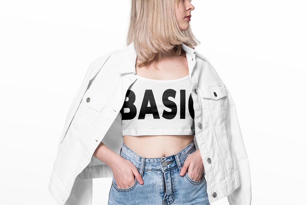 White denim jacket psd mockup with BASIC crop top street apparel shoot