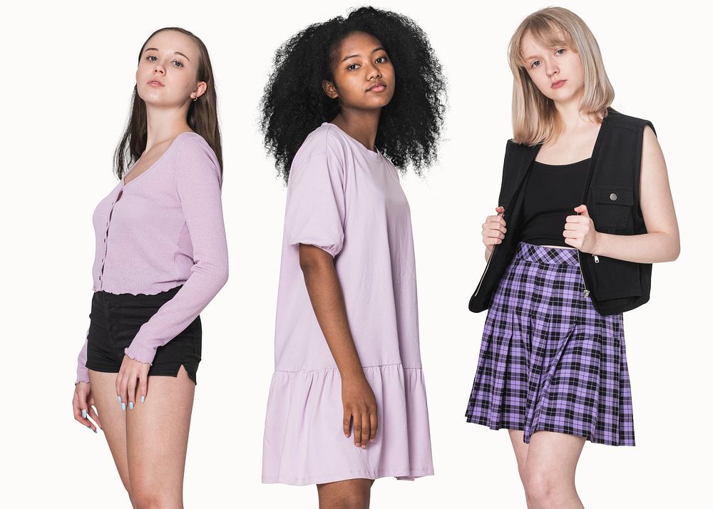 Stylish teenage girls in purple outfit grunge fashion photoshoot