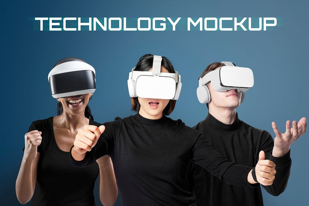 People with VR glasses mockup psd smart technology