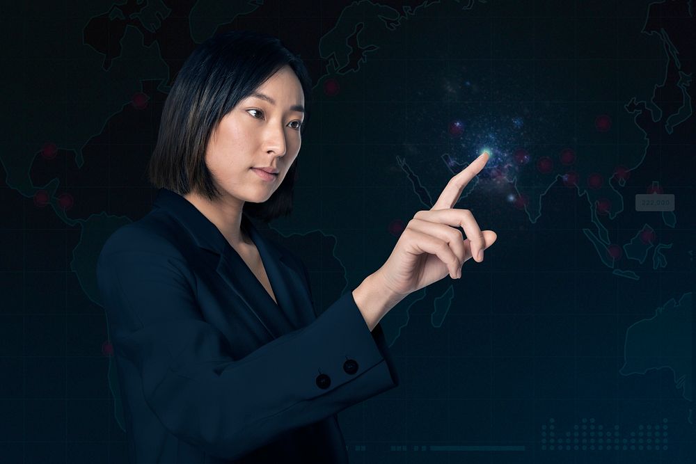 Asian businesswoman mockup psd touching virtual screen