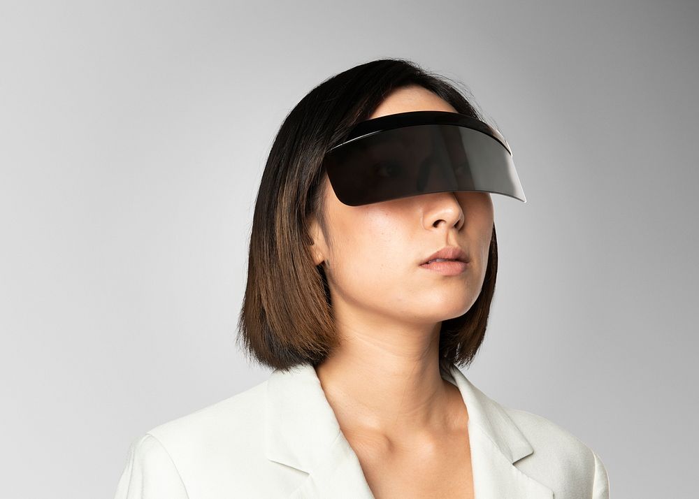 Woman wearing smart glasses psd futuristic technology mockup