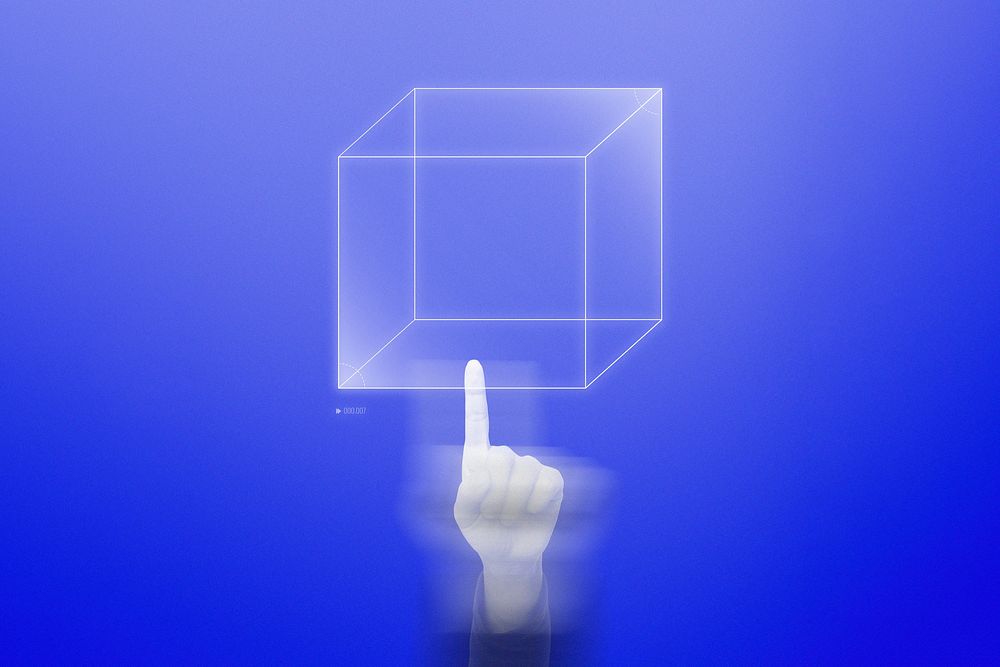 Hand pointing to virtual cube blue holographic screen mockup blur style illustration
