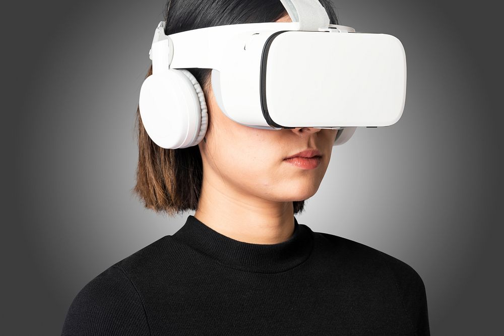 Woman with VR headset mockup psd