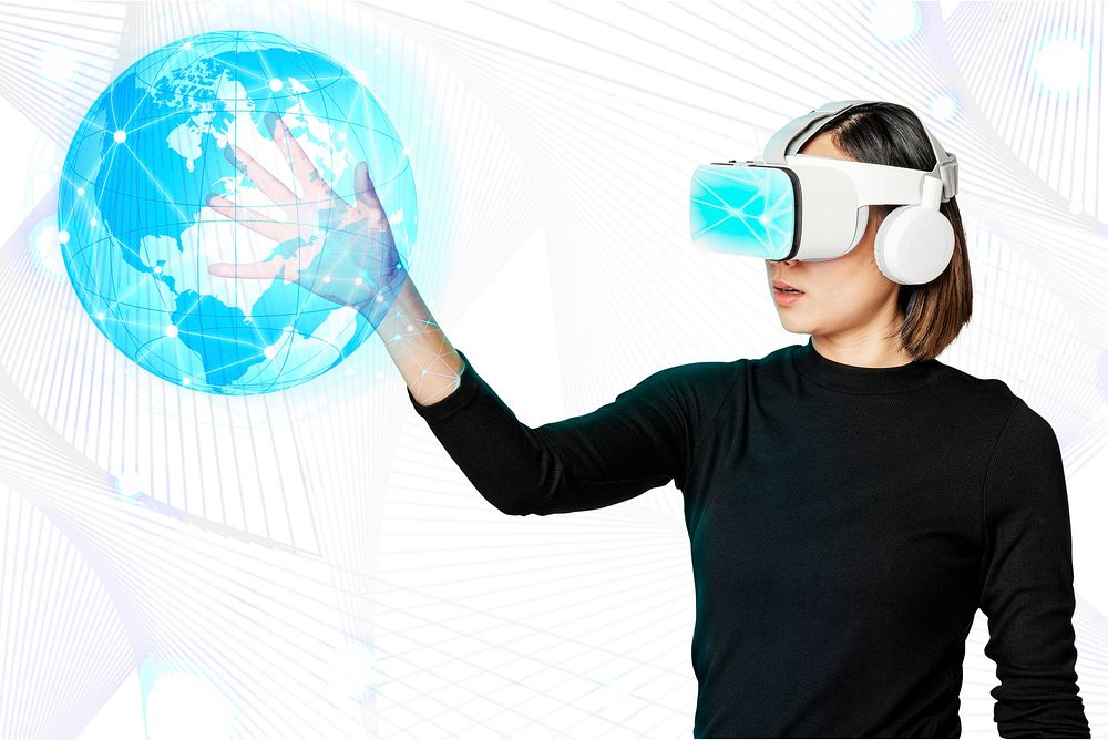 Woman with VR mockup touching hologram globe psd futuristic technology