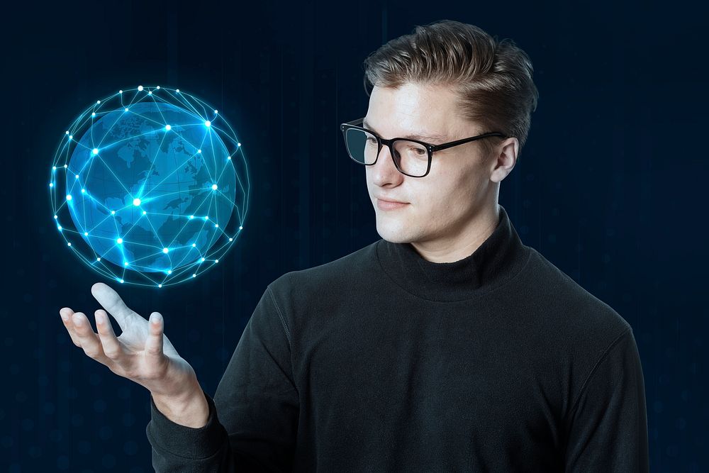 Smart glasses projecting holographic screen mockup with blue globe psd futuristic technology