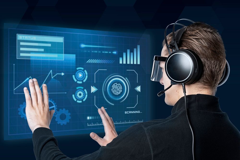 Man with smart headphones mockup touching virtual screen psd futuristic technology