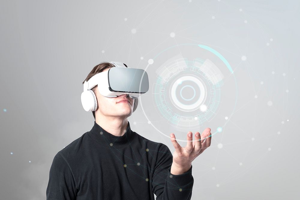 Man in VR glasses psd mockup smart technology