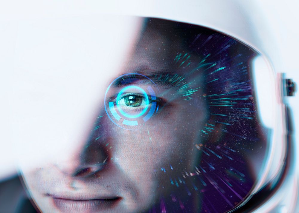 Astronaut with glass helmet with smart lens technology