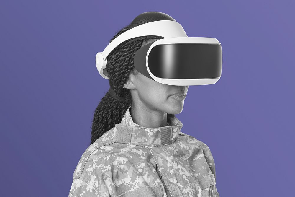 Female soldier wearing VR headset purple background